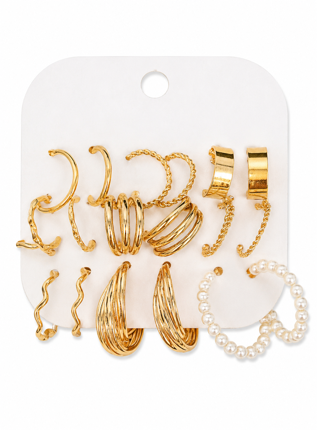Gold tone hoop and pearl earring set with multiple pairs, including twisted hoops and pearl drops