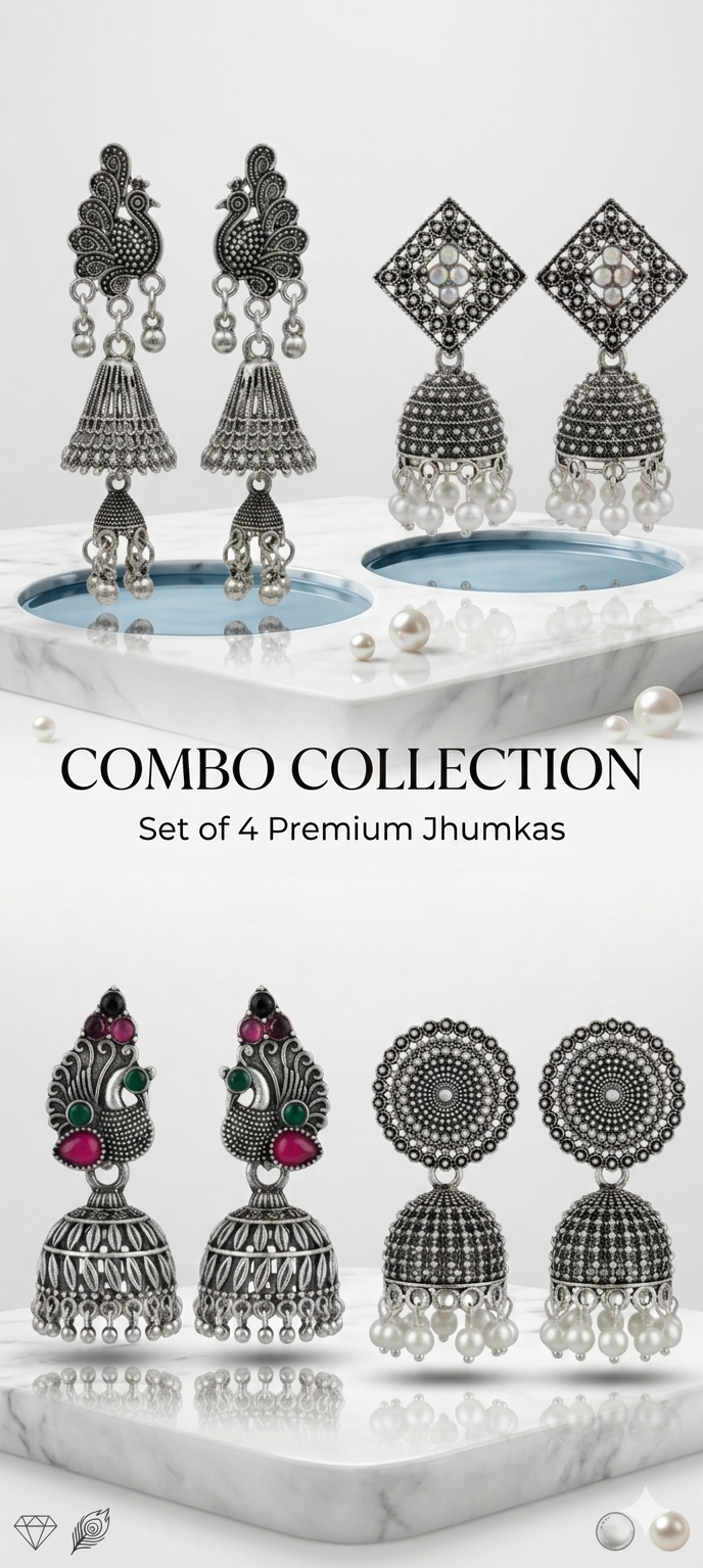Premium Silver Oxidized Jhumka Earrings Combo - Set of 4 Pairs