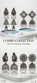 Silver oxidized jhumka earring set, four pairs displayed with dangling bell and pearls