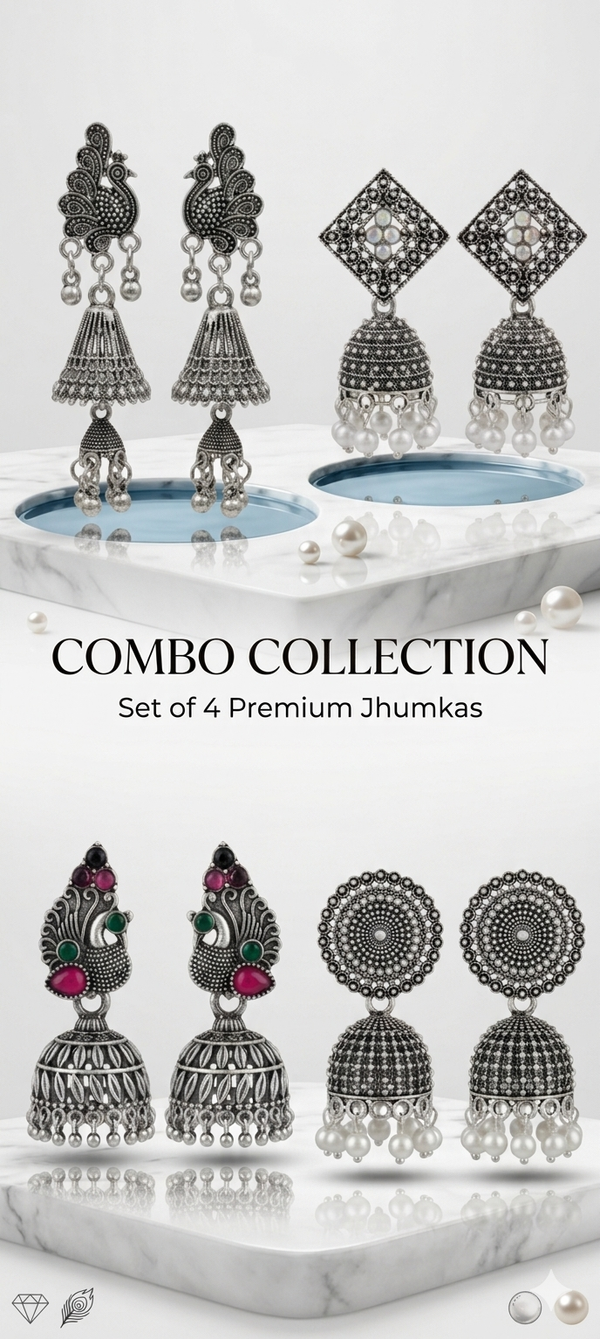 Premium Silver Oxidized Jhumka Earrings Combo - Set of 4 Pairs