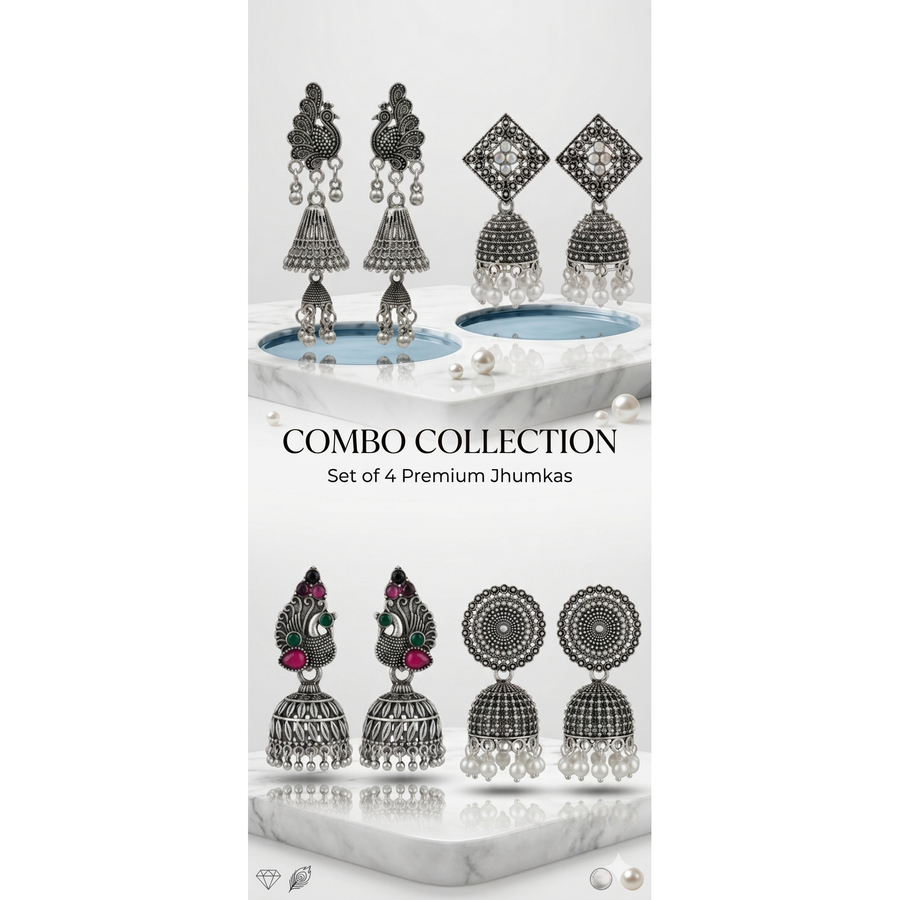 4-Pair Silver Oxidized Jhumka Earrings Set for Women - Set of four silver oxidized jhumka earring pairs with pearl and stone dangles