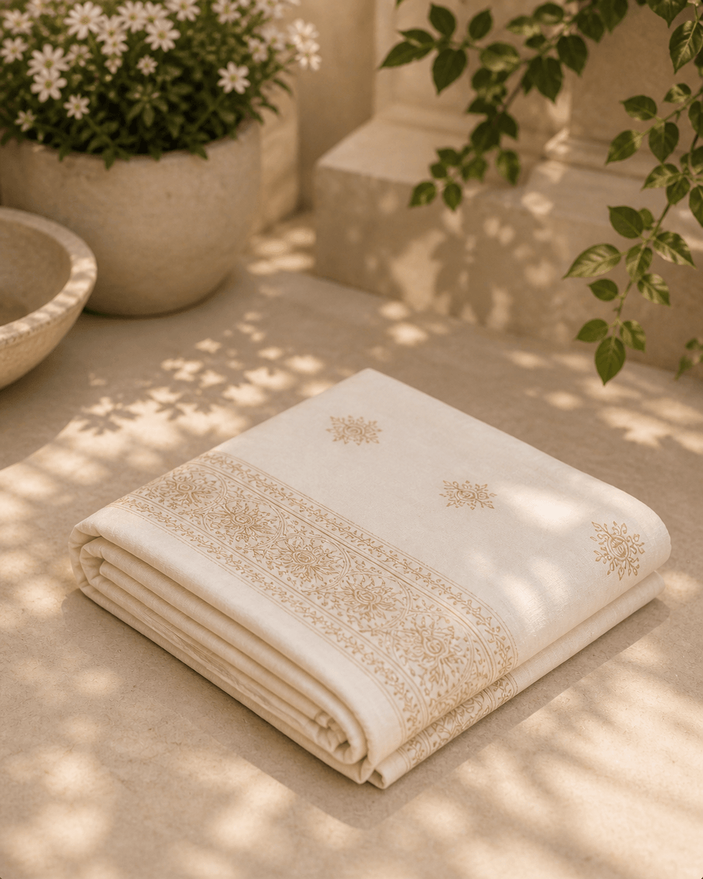 Elegant ivory embroidered cotton shawl with gold motif border, showcasing intricate ethnic design and minimal style by Couturier Design.