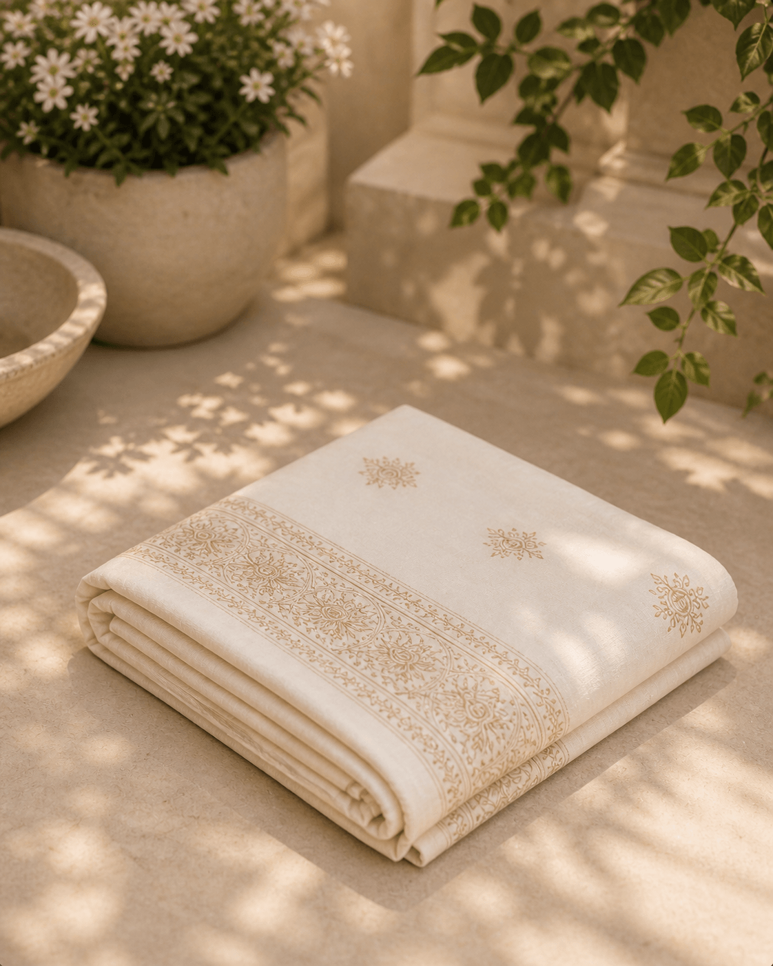 Elegant ivory embroidered cotton shawl with gold motif border, showcasing intricate ethnic design and minimal style by Couturier Design.