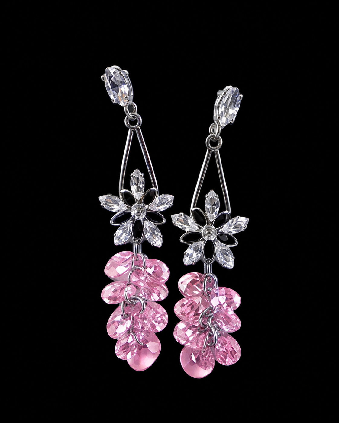 Silver-tone floral drop earrings with clear crystal top and pink teardrop clusters