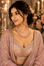 Pink pearl kundan choker necklace with gold-tone beads, worn with stud earrings