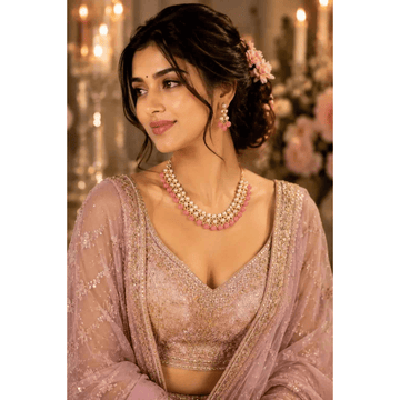 Pink Pearl Kundan Choker Necklace Set for Women - Pink pearl choker necklace with pink bead row and gold tone border