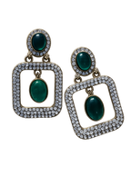 Green stone drop earrings with square pavé frame and gold-tone hooks