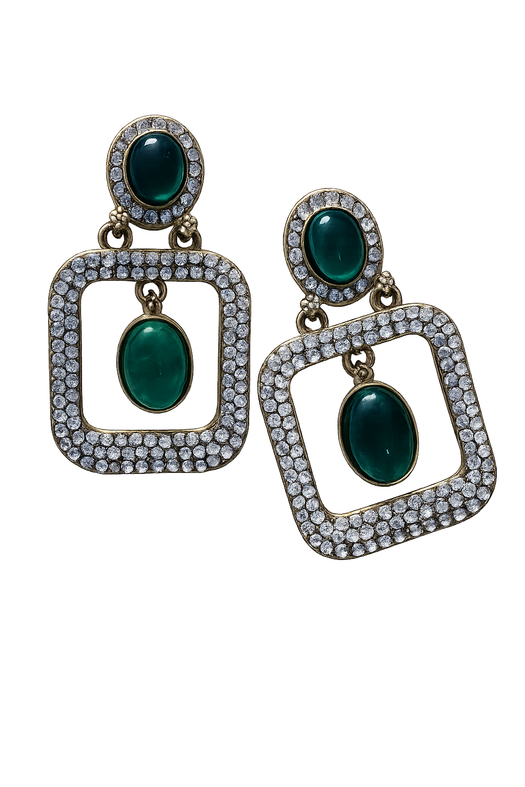 Gold-tone square drop earrings with emerald oval centers and full rhinestone frames