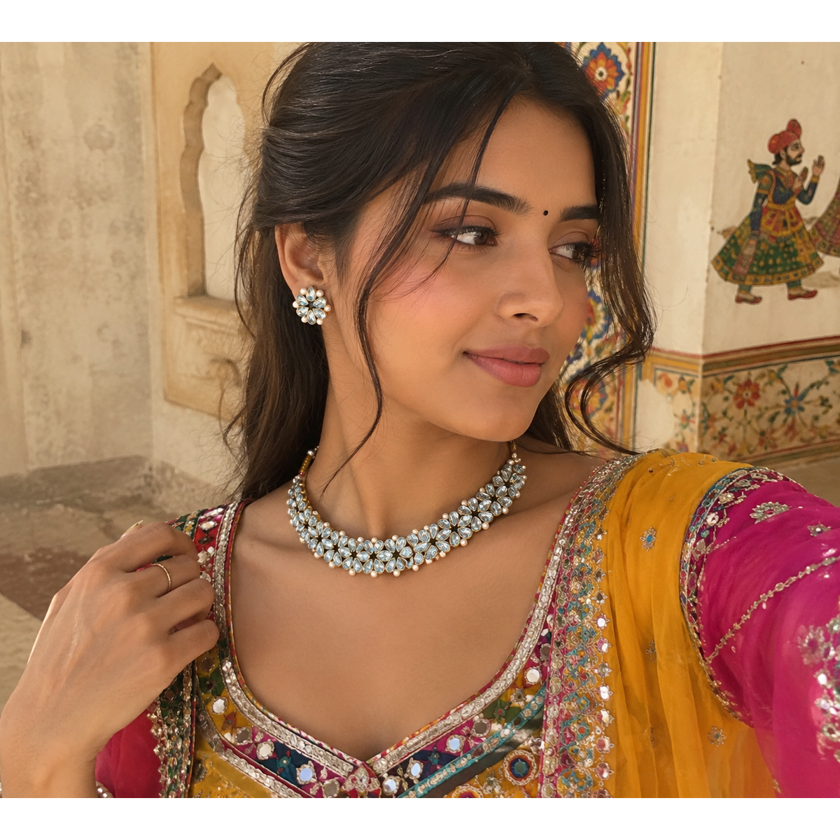 Women’s kundan necklace and matching earrings with blue stones and white pearls
