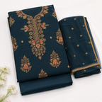 Dark teal unstitched salwar fabric with gold floral embroidery and bordered dupatta