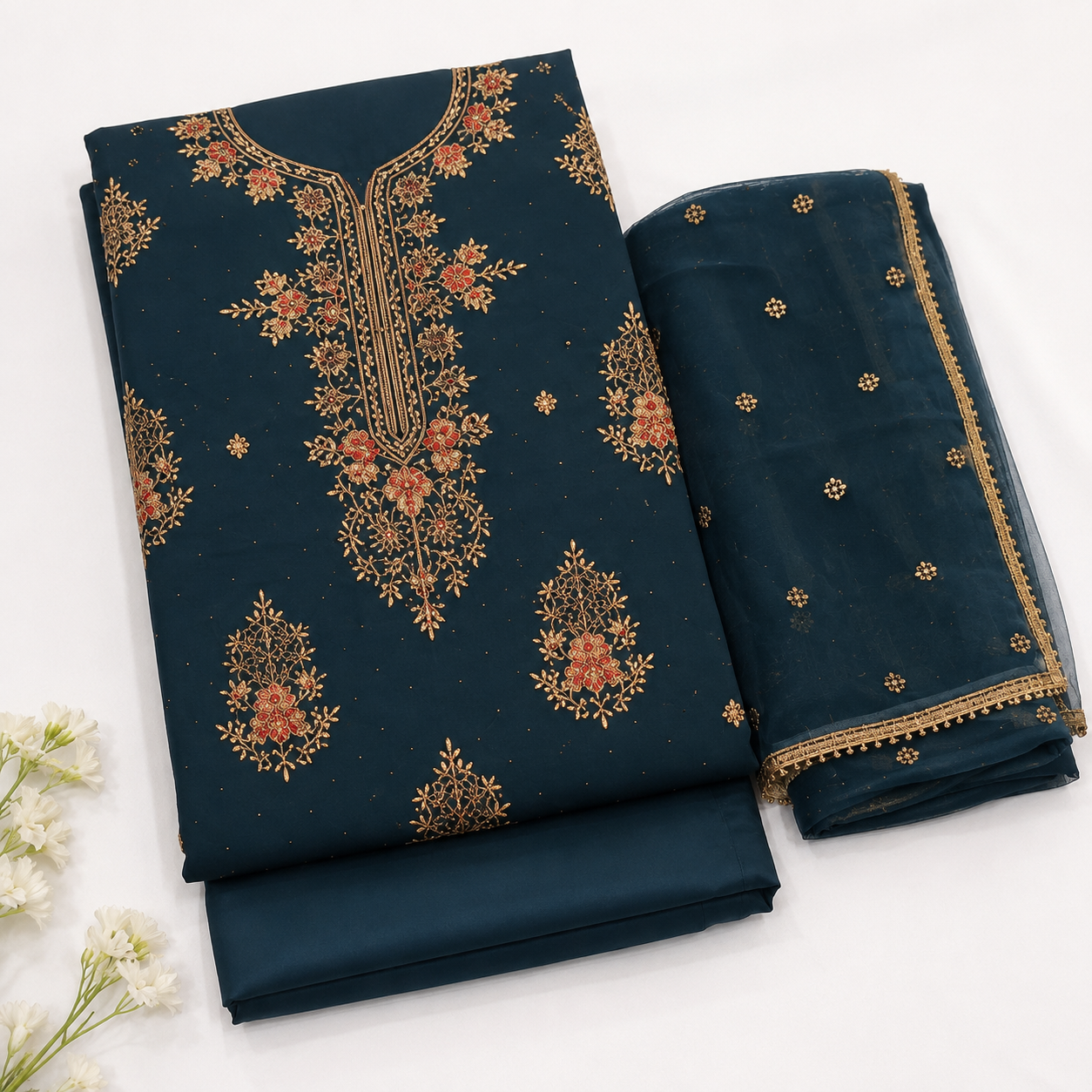 Dark teal unstitched salwar fabric with gold floral embroidery and bordered dupatta