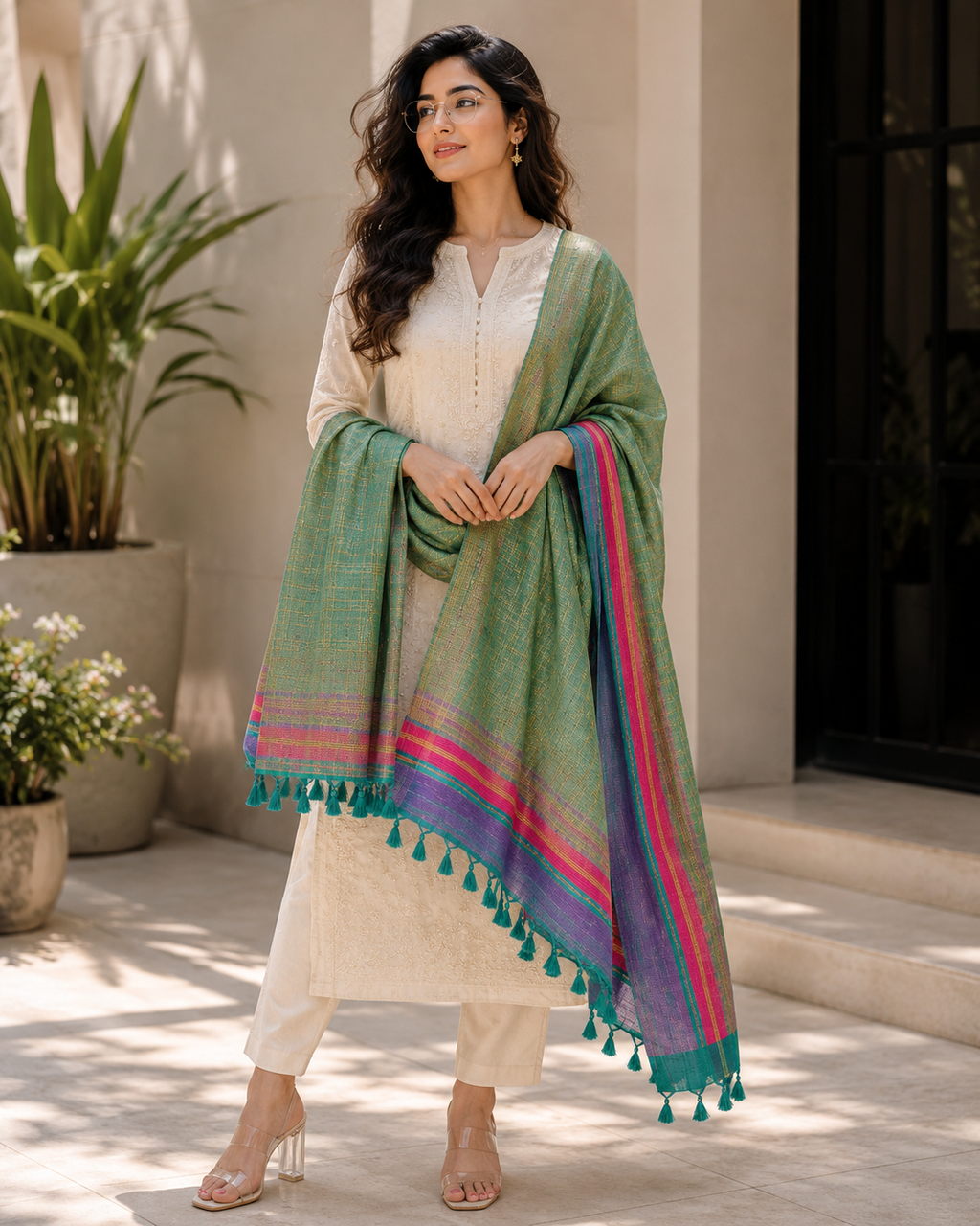 Silk blend shawl draped over outfit, green-purple stripe border with tassels