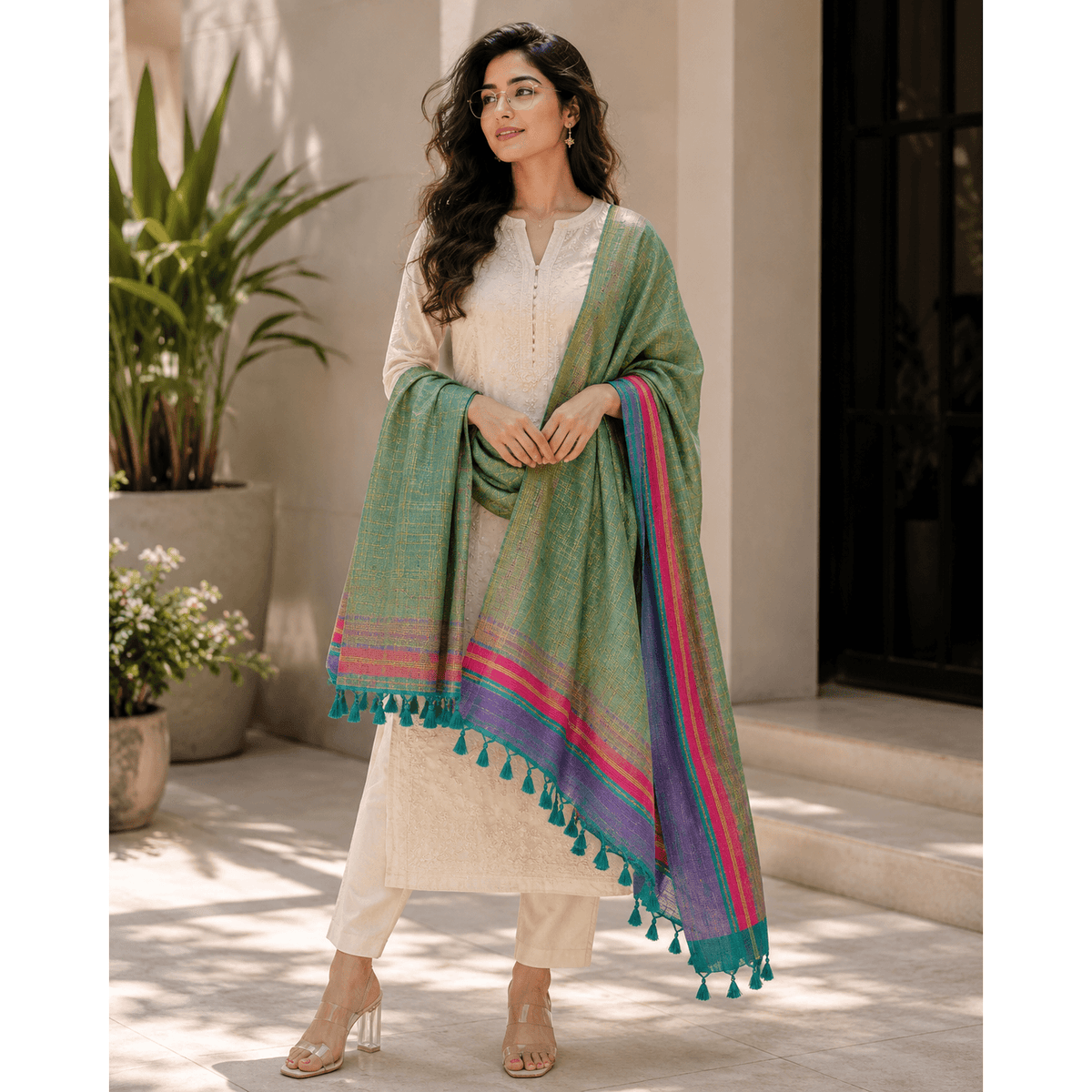 Green and Purple Woven Silk Blend Shawl for Women with Tassels - Silk blend shawl draped over outfit, green-purple stripe border with tassels