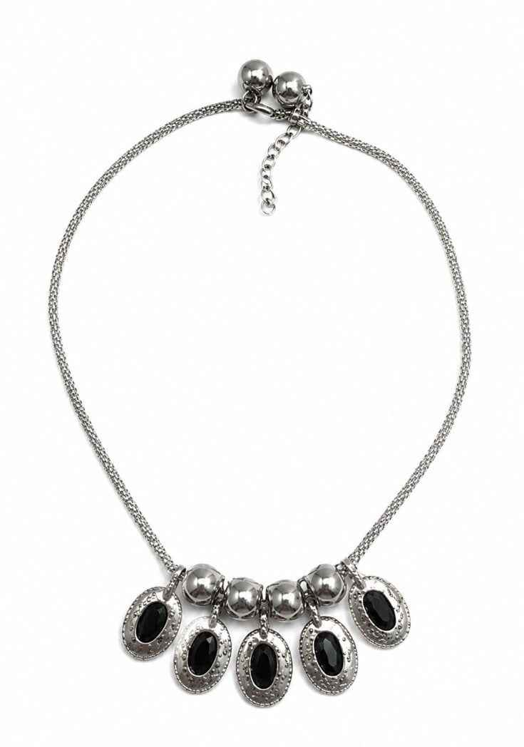 Vintage Oxidized Silver Black Stone Necklace & Earrings Jewelry Set