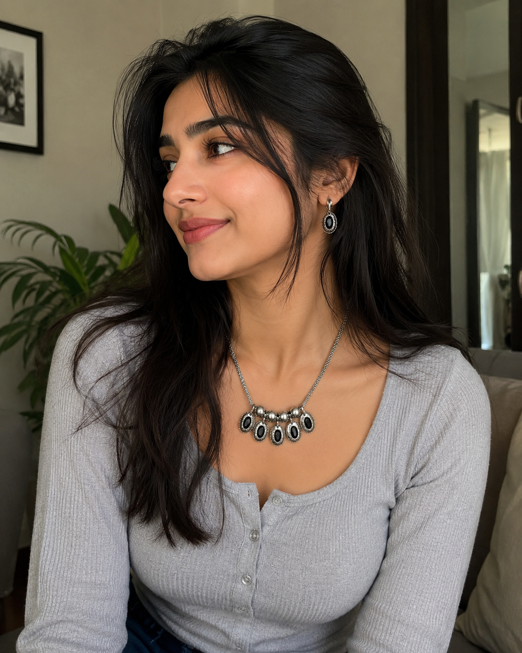 Vintage Oxidized Silver Black Stone Necklace & Earrings Jewelry Set