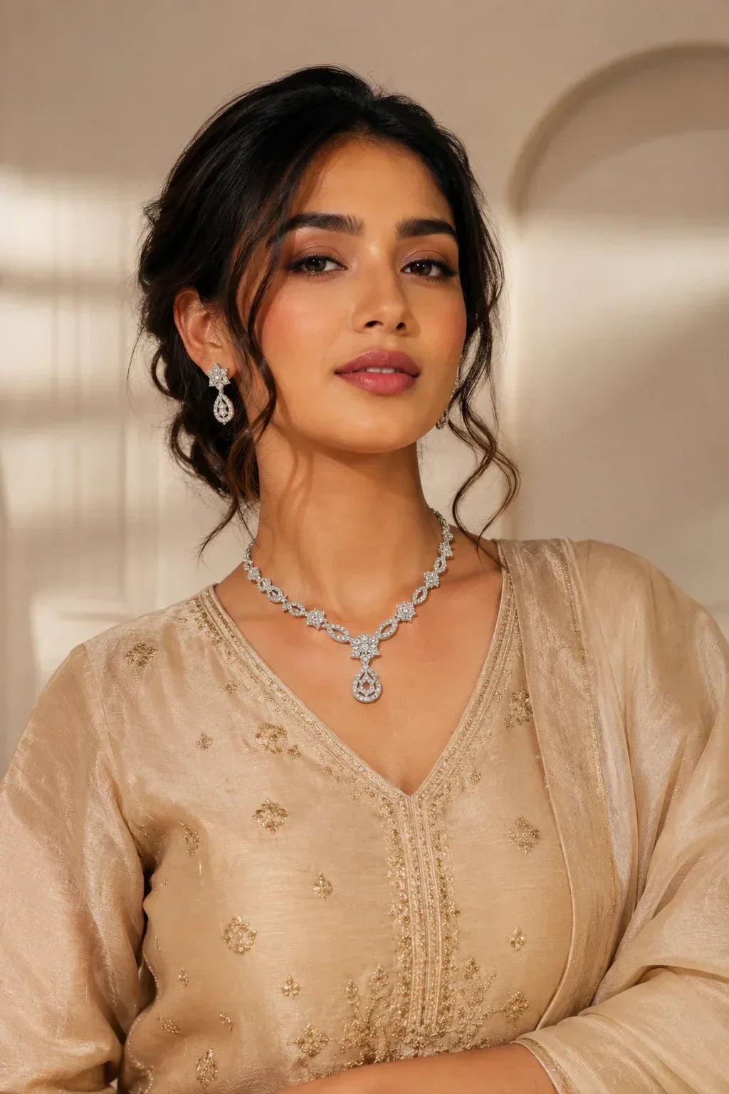 Elegant American Diamond floral necklace set with matching earrings for women, featuring ethnic party wear jewelry by Couturier Design.