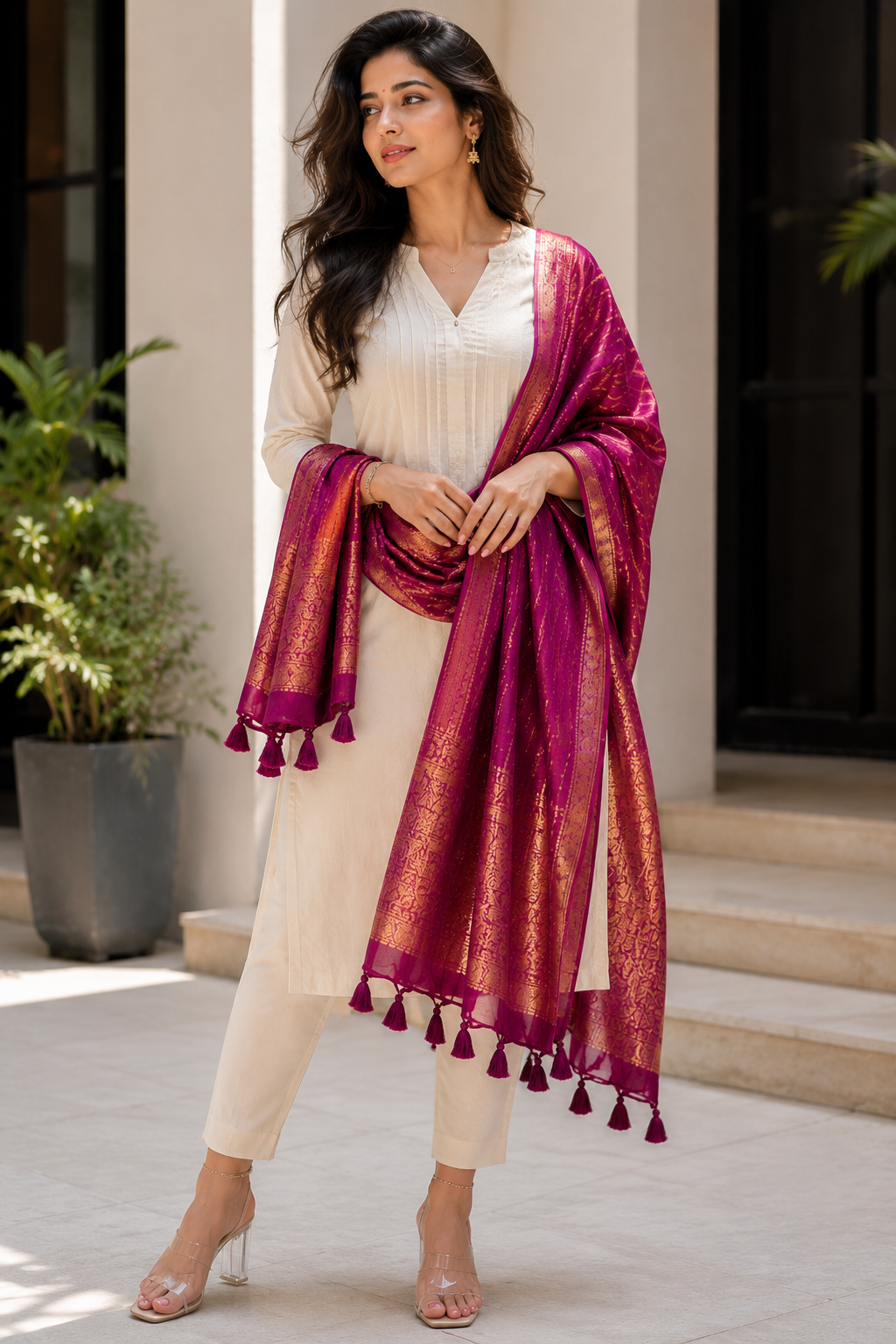 Magenta and gold jacquard shawl draped over shoulders with tassels and fringe