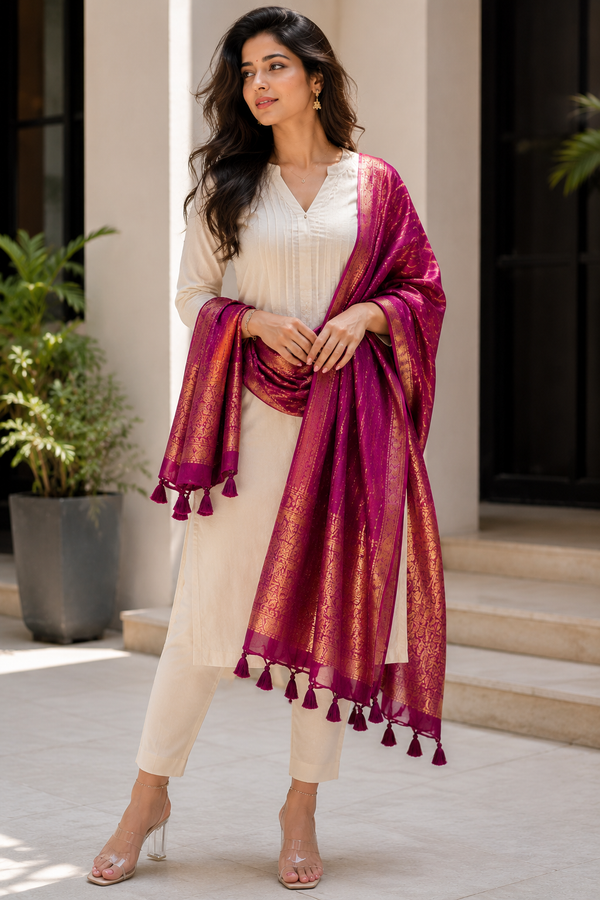 Magenta and gold jacquard shawl draped over shoulders with tassels and fringe