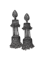 Oxidised jhumka earrings with teardrop tops and tiered bell dangles, metallic silver