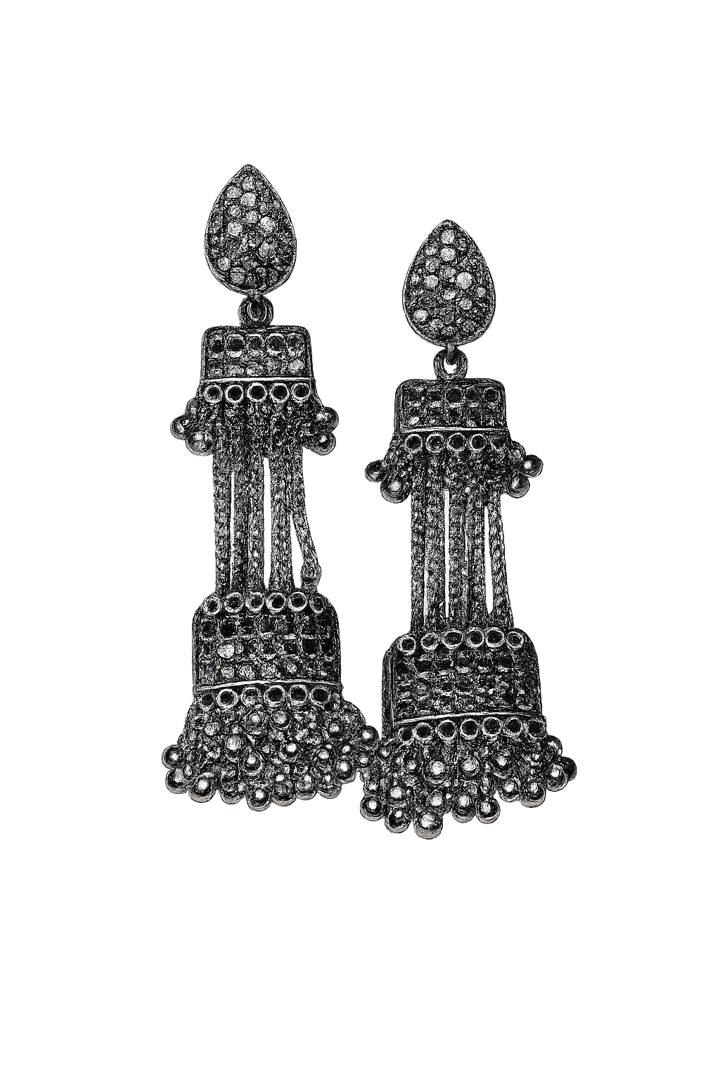 Oxidized jhumka drop earrings, ornate teardrop tops and long bell tiers