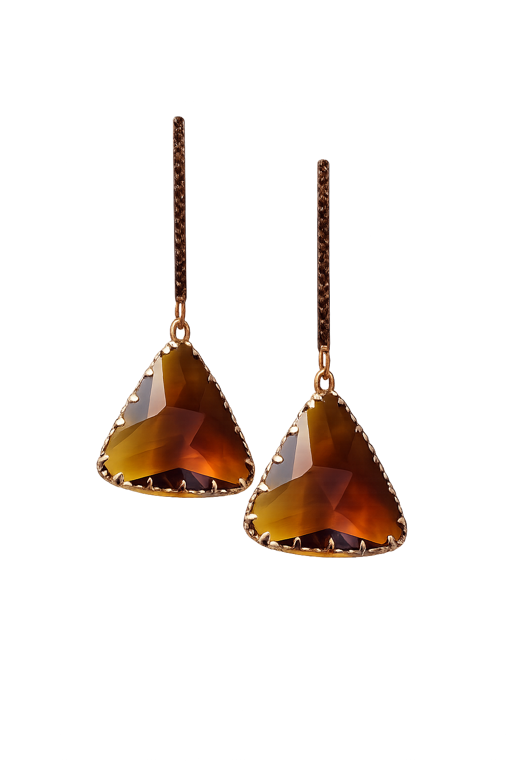 Pair of amber triangle crystal drop earrings with gold-tone chains