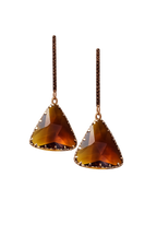 Gold-tone drop earrings with amber triangular stone and dangling chain