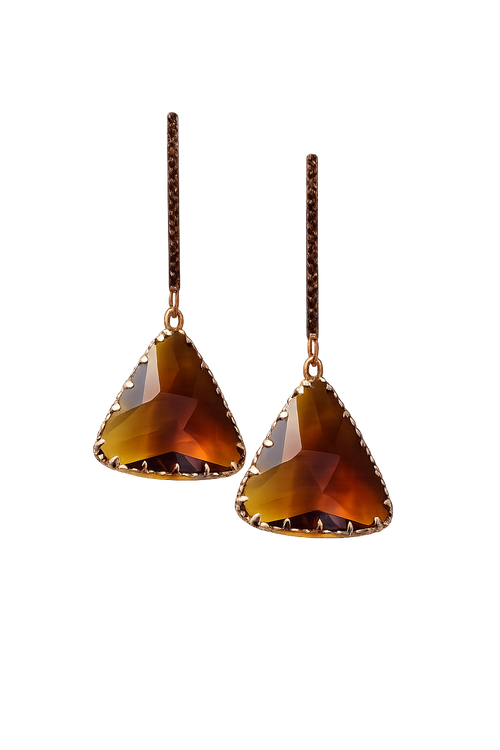 Pair of amber triangle crystal drop earrings with gold-tone chains