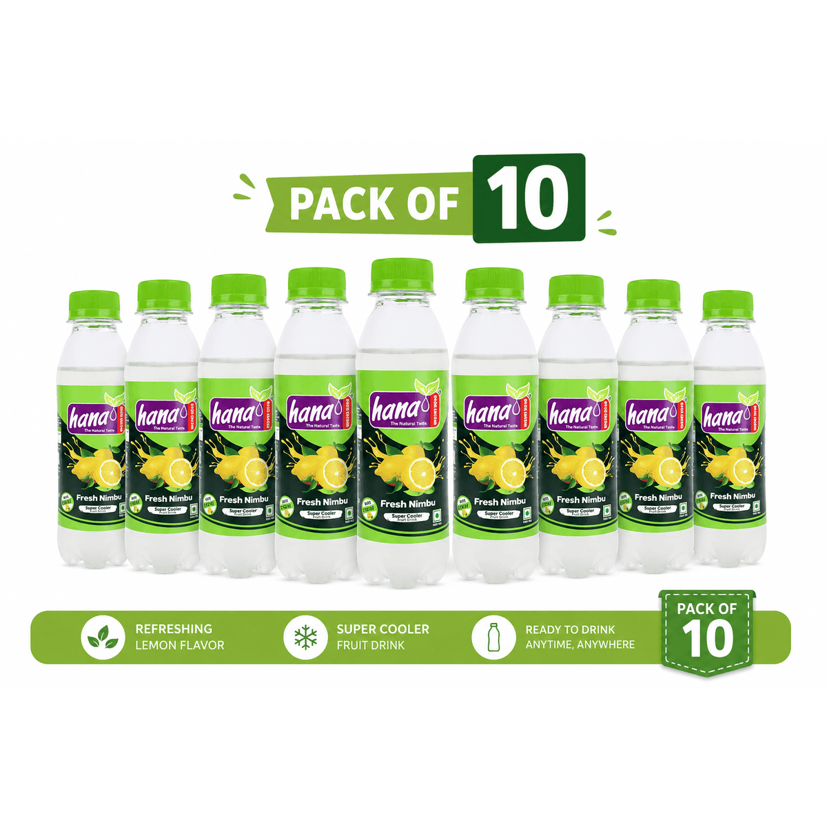 Pack of 10 Hana Fresh Nimbu lemon juice bottles, clear plastic with
