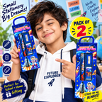 Child holding a space edition stationery set pack of 2