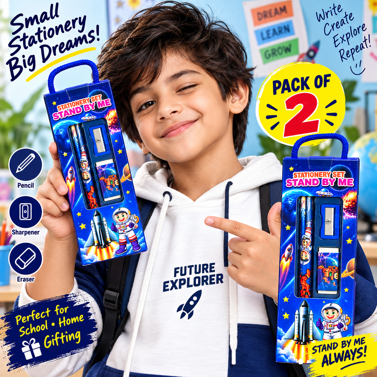 Child holding a space edition stationery set pack of 2