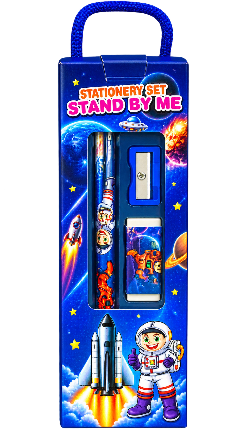 Space edition kids stationery set with pencil, sharpener and eraser
