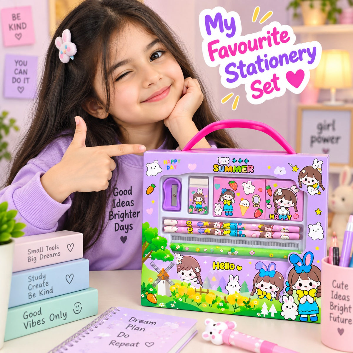 Child holding a purple summer stationery gift set for kids with pencils, ruler, sharpener and cute bunny-themed designs