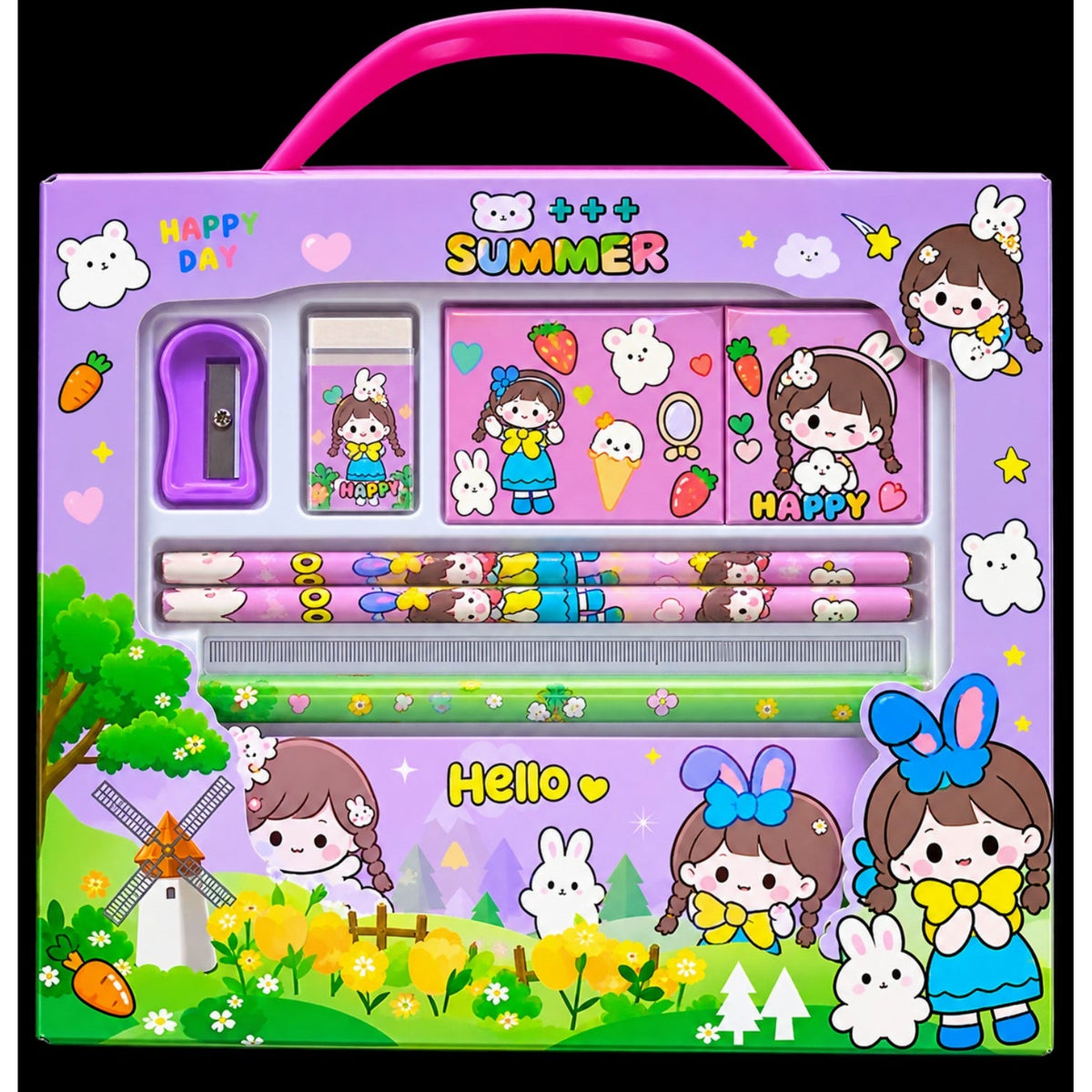 Purple summer stationery set for kids with pencils, ruler, sharpener and cute bunny-themed stationery