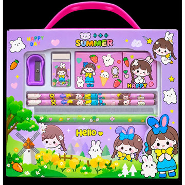 Purple summer stationery set for kids with pencils, ruler, sharpener and cute bunny-themed stationery