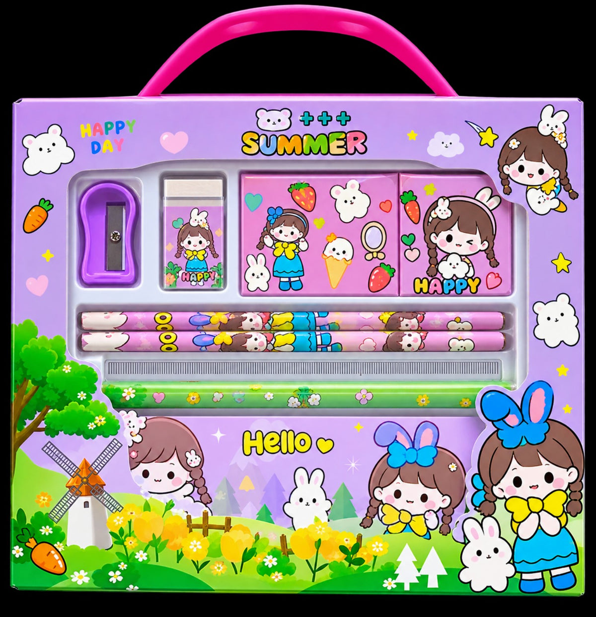 Purple summer stationery set for kids with pencils, ruler, sharpener and cute bunny-themed stationery