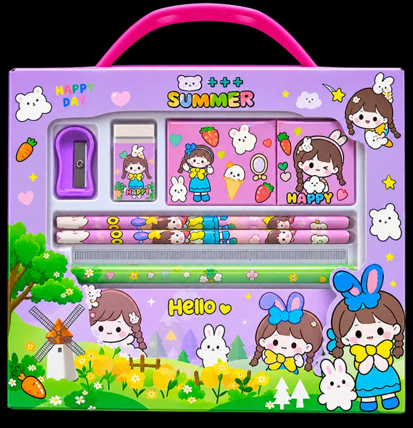 Purple summer stationery set for kids with pencils, ruler, sharpener and cute bunny-themed stationery