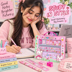 Sweet bunny stationery set styled on a college study desk