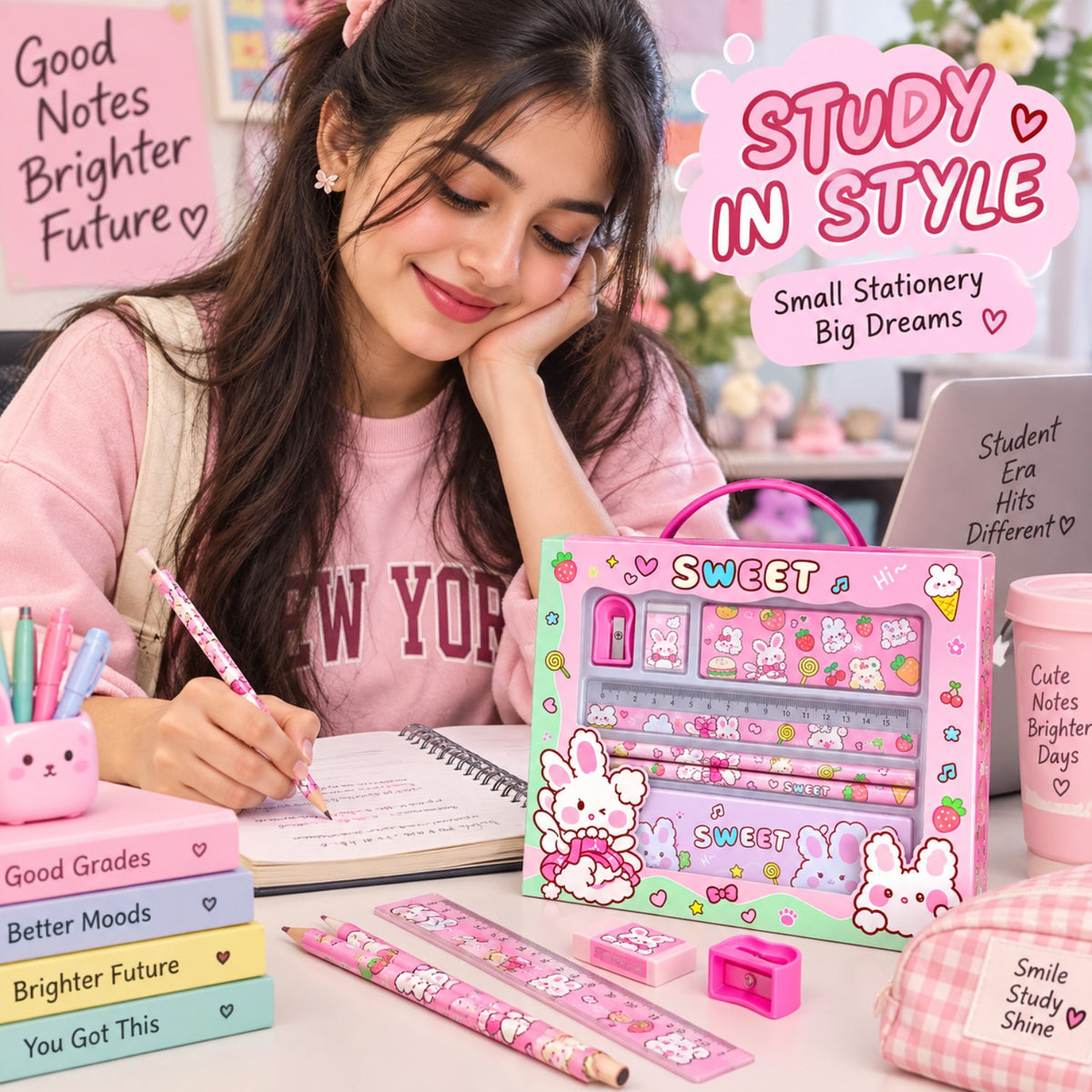 Sweet bunny stationery set styled on a college study desk
