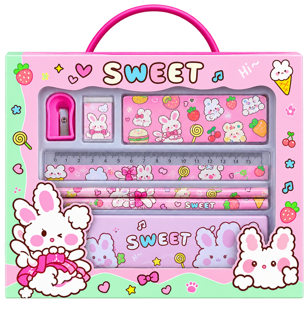 Pink Sweet bunny stationery set with ruler pencils sharpener eraser and storage case