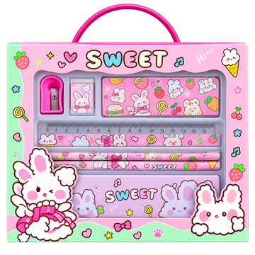 Pink Sweet bunny stationery set with ruler pencils sharpener eraser and storage case