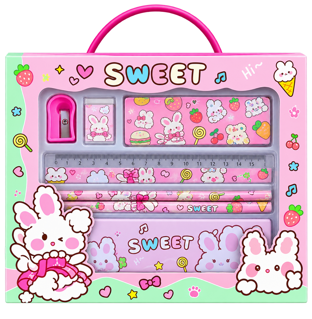 Pink Sweet bunny stationery set with ruler pencils sharpener eraser and storage case