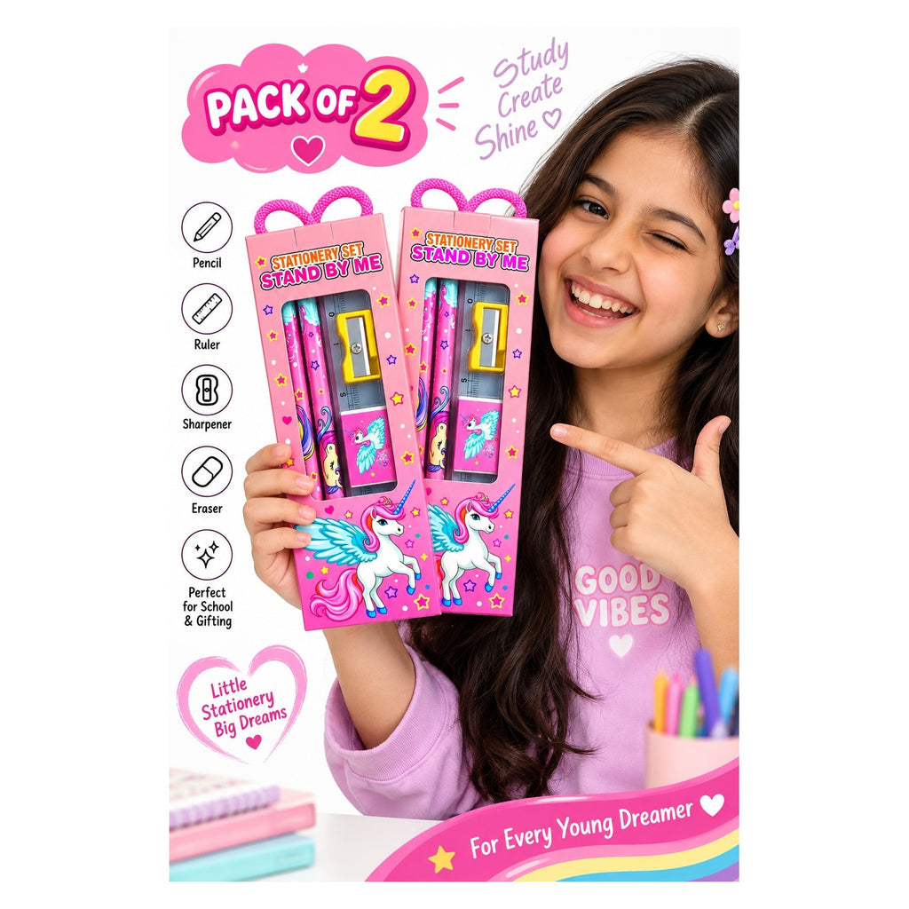 Child holding two unicorn stationery sets as a pack of 2