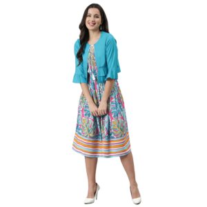 A woman wearing a Women's Midi/Knee Length Cotton Dress for Women Floral Printed Summer.