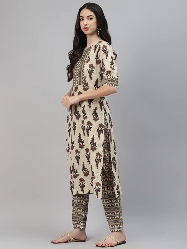 Beige Cotton Printed Straight Kurta with Palazzo Pants & Dupatta Set with palazzo pants.