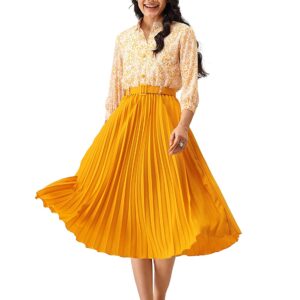 A woman wearing a yellow Women A-Line Maxi Dress.