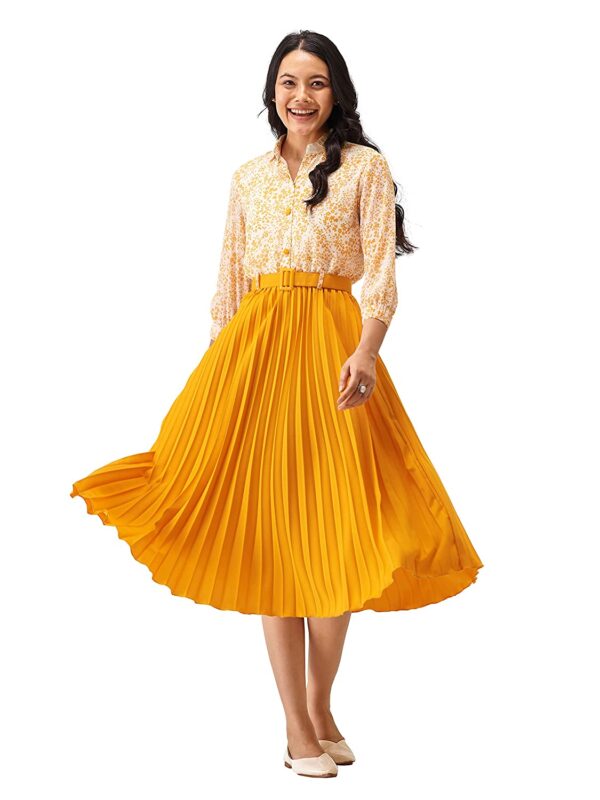 A woman wearing a yellow Women A-Line Maxi Dress.