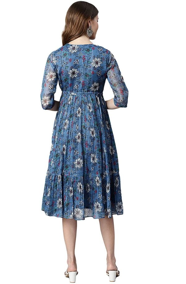 Women's Blue Poly Georgette Floral Flared Western Dress.