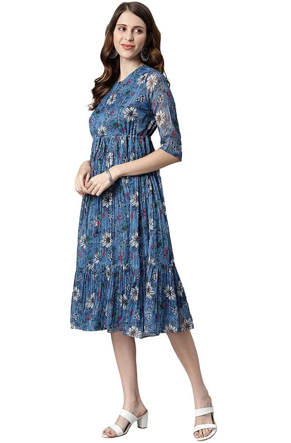 Women's Blue Poly Georgette Floral Flared Western Dress.