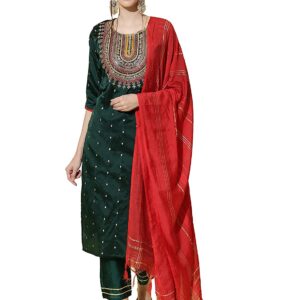 Silk Blend Embroidered Straight Kurta & Trousers Pant with Dupatta