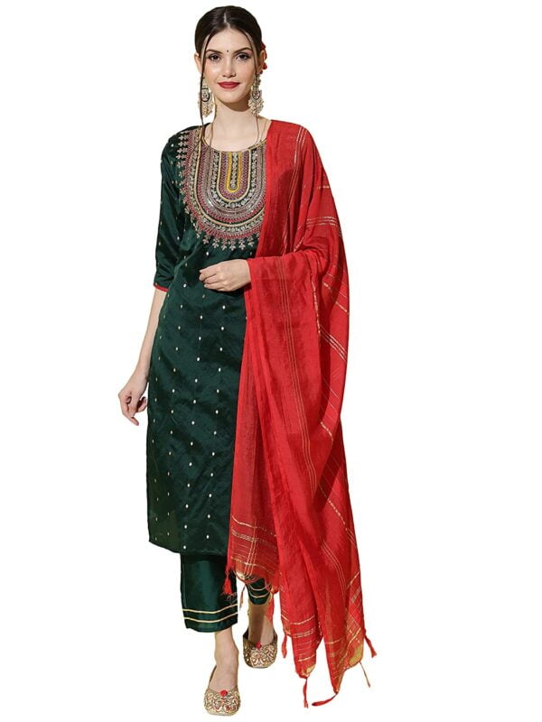 Silk Blend Embroidered Straight Kurta & Trousers Pant with Dupatta